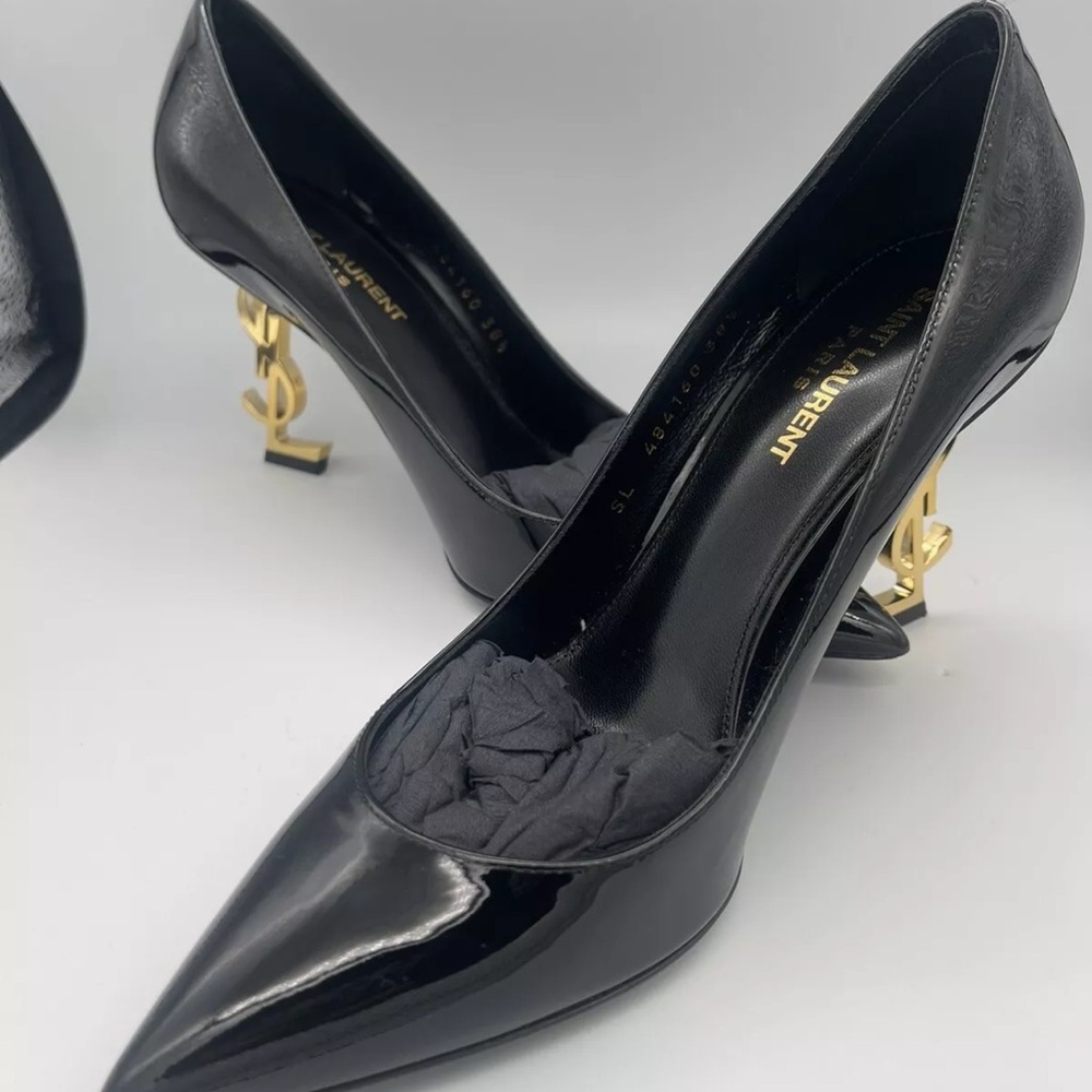 Saint Laurent OPYUM Pointy Toe Black Patent Leather Logo Heel Pumps 38.5 EUR